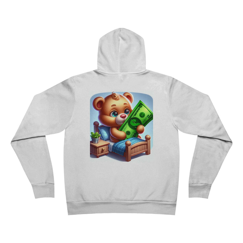 White unisex hoodie with cozy teddy bear holding money graphic on back
