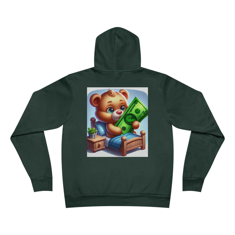 Unisex dark green hoodie with cozy teddy bear holding money graphic on the back