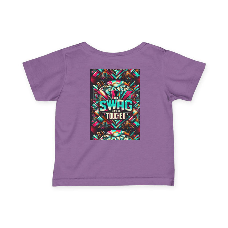 Purple infant fine jersey tee with colorful "My Swag Can't Be Touched" graphic design on the back, soft cotton fabric, casual baby shirt for playtime and festivals