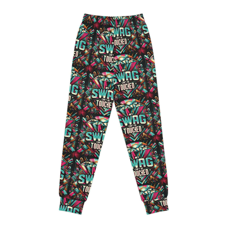 Youth joggers with colorful swag print, hip hop style streetwear pants for kids, made from soft recycled polyester blend with elastic waistband and side pockets.