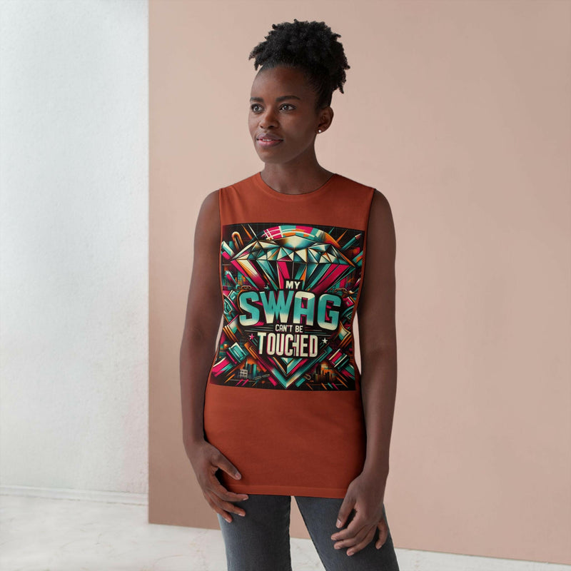 Unisex graphic tank top in rust color with colorful "My Swag Can't Be Touched" design, sleeveless casual summer wear model.