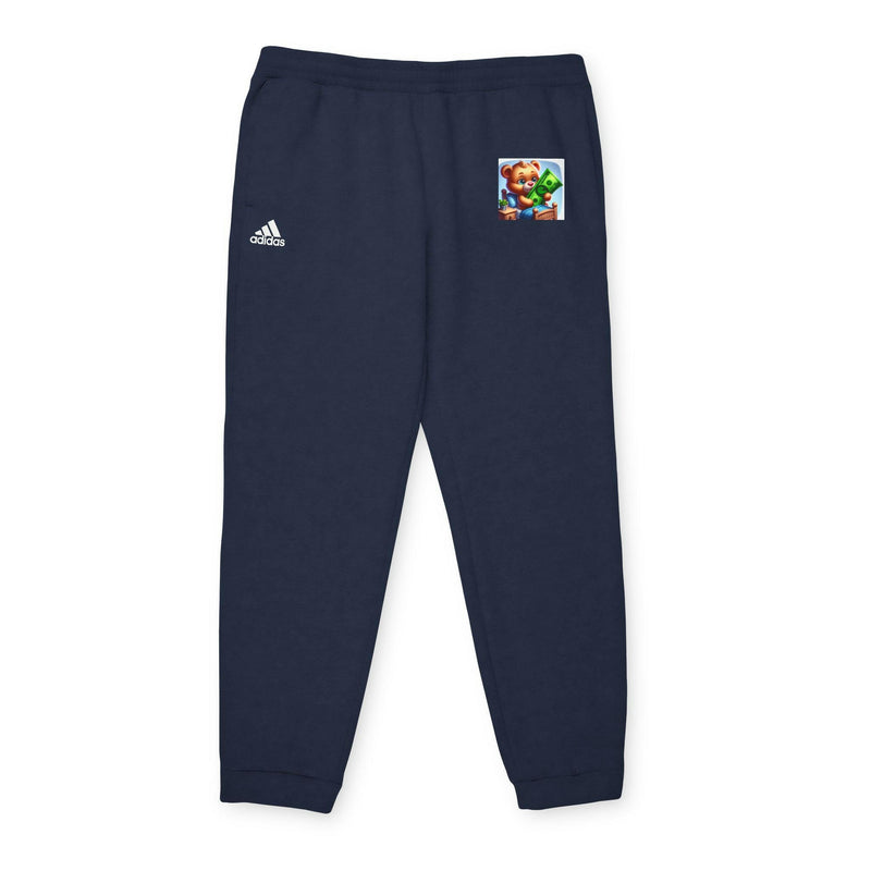 Cozy unisex fleece joggers in navy with elastic waistband, cuffed hems, adidas logo, and gamer-themed patch