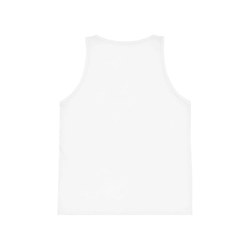 Back view of a plain white inspirational kid's jersey tank top with stretchable ribbed collar and armholes, made from lightweight breathable cotton fabric.