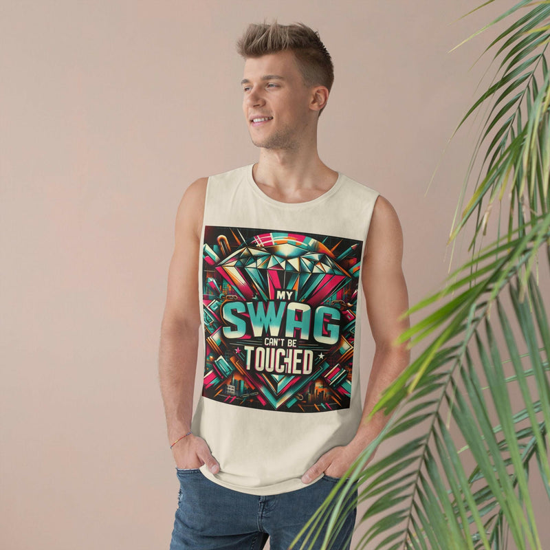 Unisex graphic tank top with colorful "My Swag Can't Be Touched" design, casual summer sleeveless top for beach and festival wear