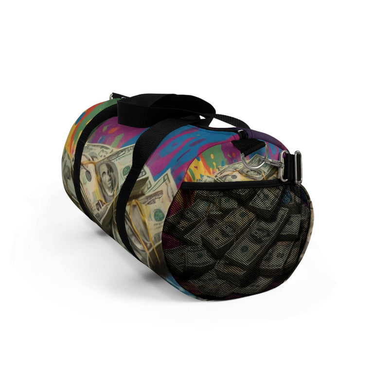 Vibrant Money duffel bag showcasing durable design and vibrant colors, ideal for stylish travel and daily use.