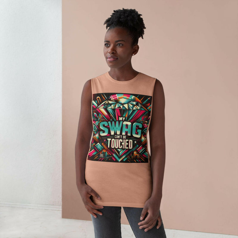 Woman wearing a beige unisex graphic tank top with colorful "My Swag Can't Be Touched" design, styled for casual summer wear.