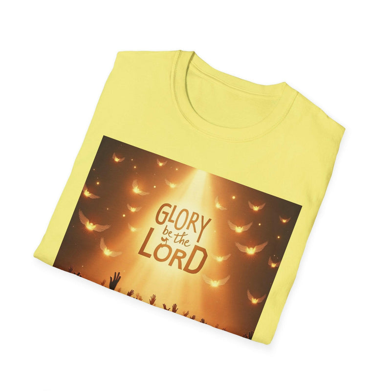 Yellow unisex Softstyle T-shirt with "Glory be to the Lord" inspirational Christian design and glowing light background.