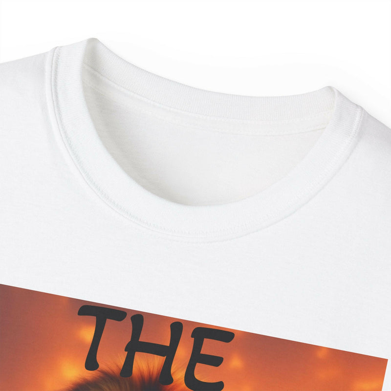 Close-up of white Lion King Unisex Ultra Cotton Tee showing ribbed collar and partial bold graphic design.