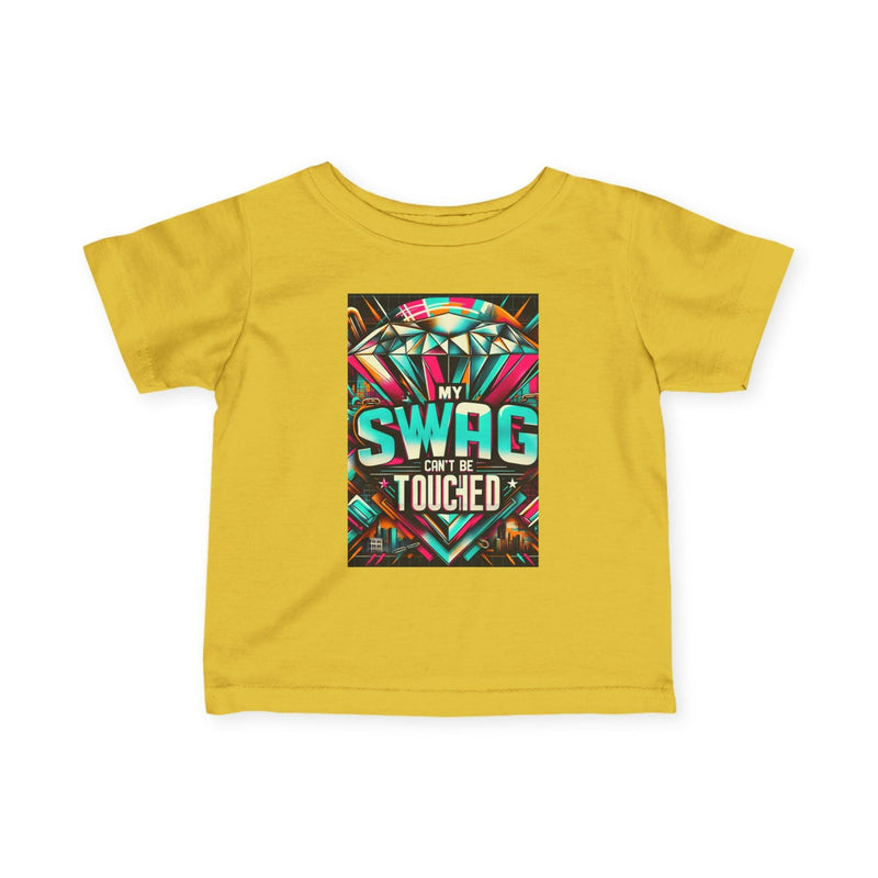 Yellow infant fine jersey tee with colorful "My Swag Can't Be Touched" graphic print, soft cotton blend, toddler playtime wear.