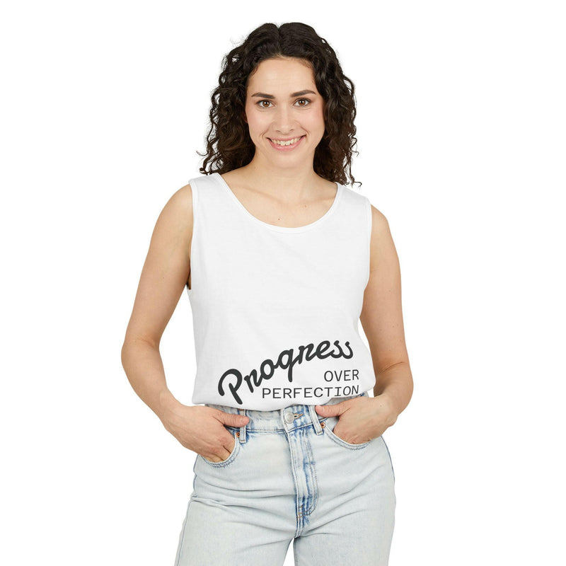 Progress Over Perfection Tank Top, Unisex Inspirational Top, Cute Bear Graphic Tank, Motivational Gift, Casual Summer Wear