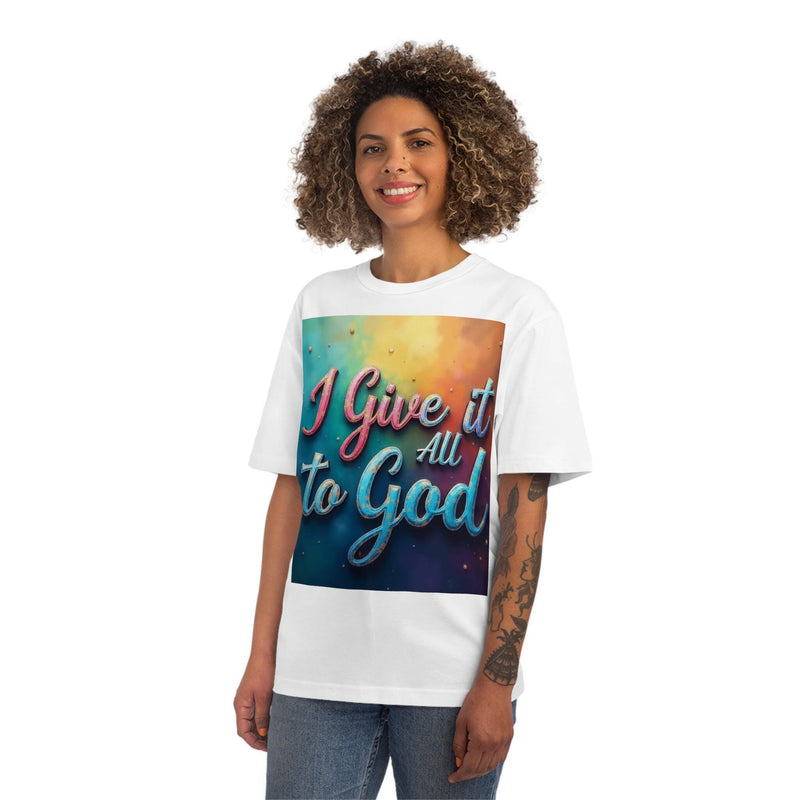 Woman wearing white Inspirational Unisex Fuser T-Shirt with "I Give it All to God" colorful text design