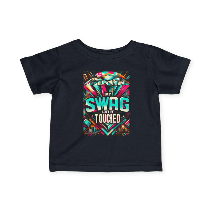 Black infant fine jersey tee with colorful "My Swag Can't Be Touched" graphic print, soft and durable fabric, stylish baby shirt for playtime and special occasions.