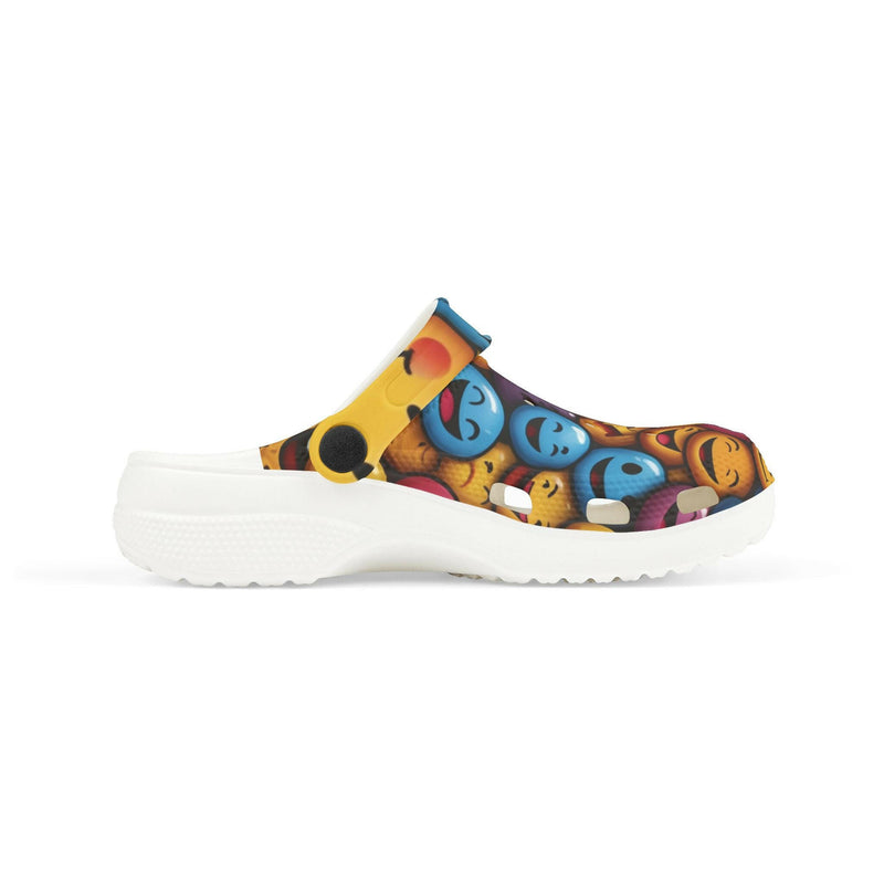 Smiling emoji wearing traditional wooden clogs, symbolizing happiness and cultural footwear fusion.