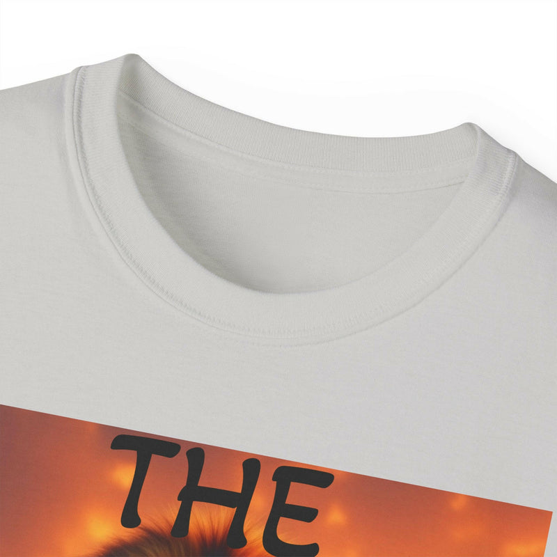 Close-up of white Lion King Unisex Ultra Cotton Tee with ribbed collar and bold inspirational graphic design