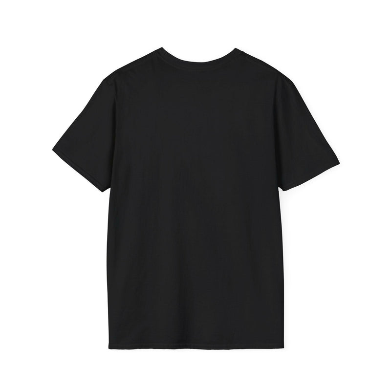 Black unisex Softstyle T-shirt with comfortable, breathable fabric and ribbed knit collar designed for casual and spiritual wear.