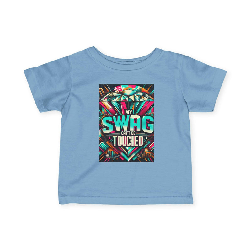 Blue infant fine jersey tee with vibrant "My Swag Can't Be Touched" graphic print, soft cotton fabric, and classic fit for trendy babies.