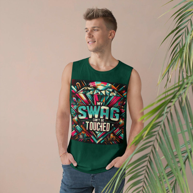 Unisex graphic tank top with colorful "My Swag Can't Be Touched" design, casual sleeveless summer wear.