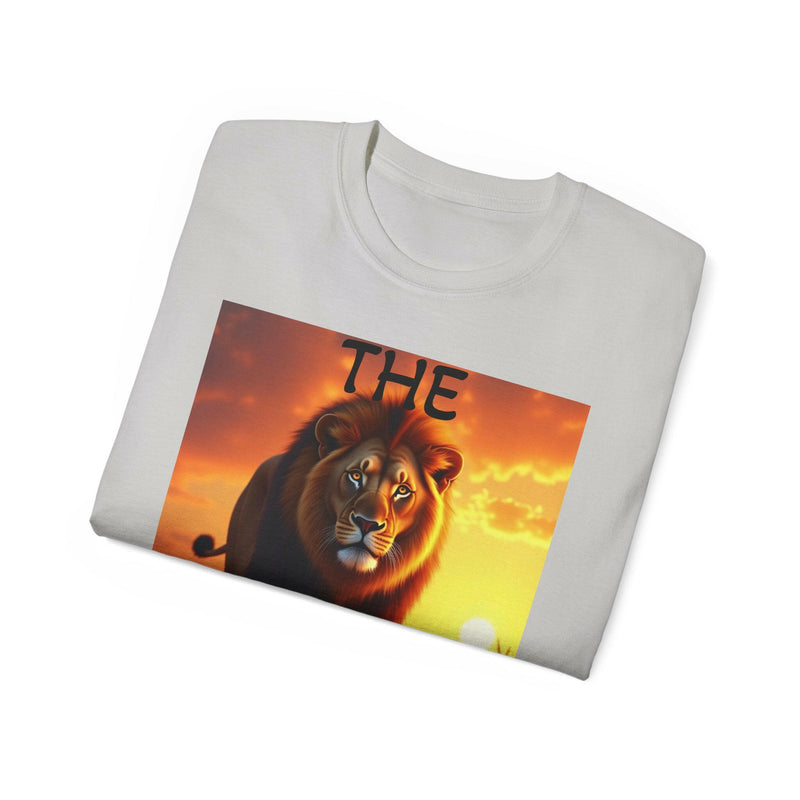 White unisex ultra cotton tee featuring a bold Lion King graphic with vibrant sunset background