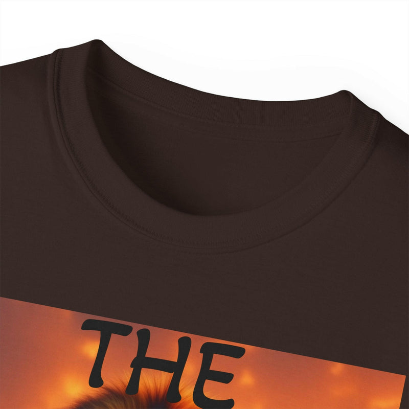 Close-up of Lion King Unisex Ultra Cotton Tee showing ribbed collar and vibrant graphic design on dark fabric