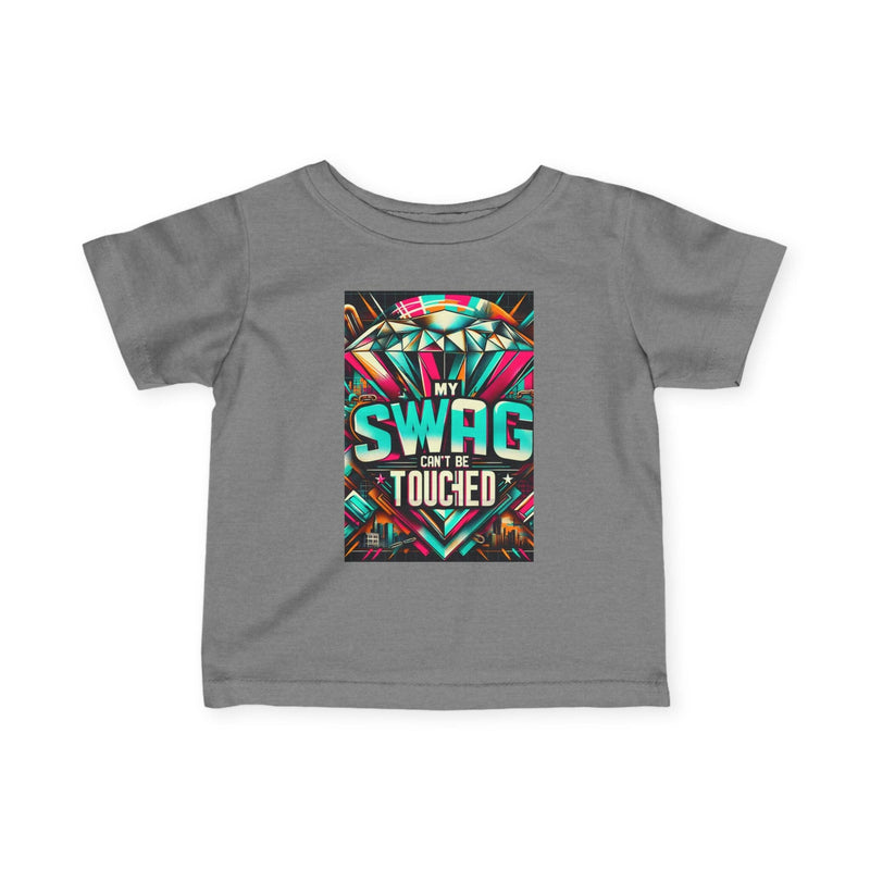 Cool infant fine jersey tee in gray with colorful "My Swag Can't Be Touched" graphic design, trendy baby shirt for playtime and festivals.