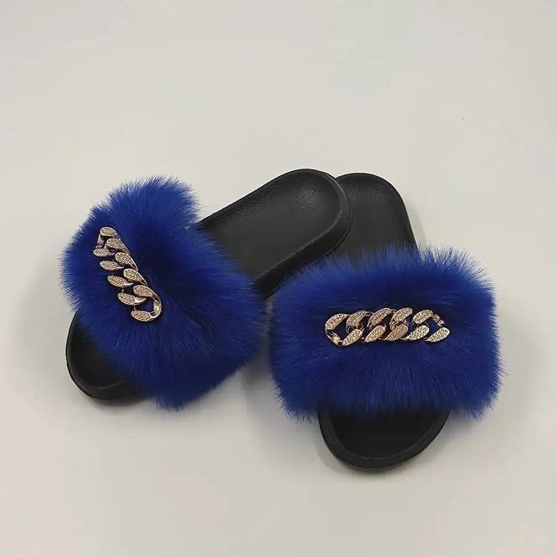 Plush Imitation Fox Fur Flip Flops Fashion Slippers.