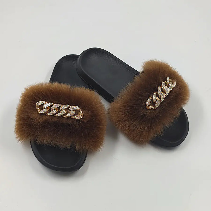 Plush Imitation Fox Fur Flip Flops Fashion Slippers.
