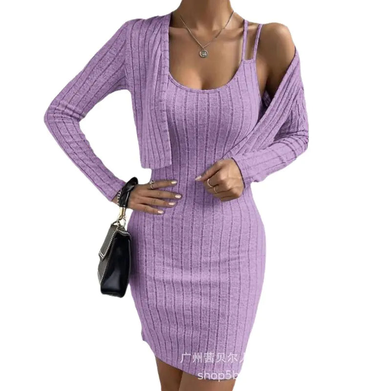 2025 Women's Long Sleeve Cardigan & Bodycon Dress Set