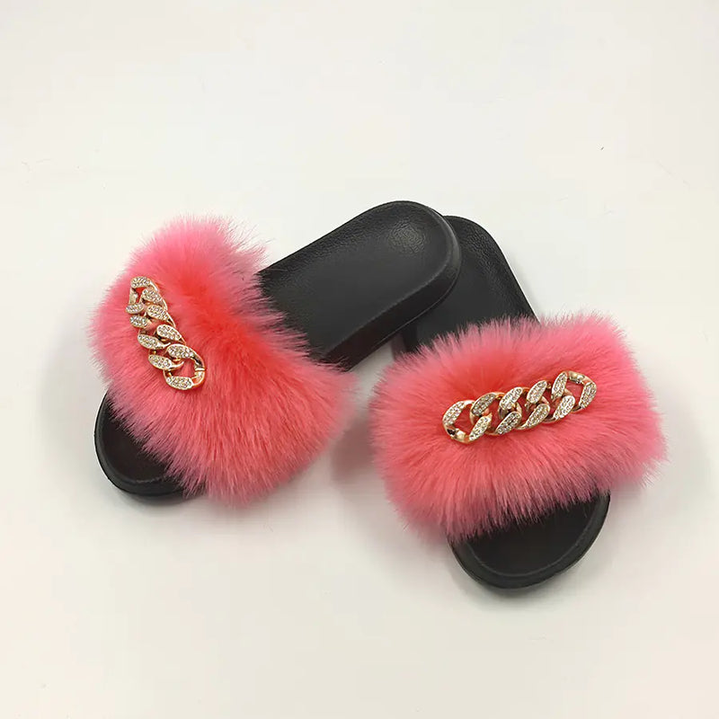 Plush Imitation Fox Fur Flip Flops Fashion Slippers.