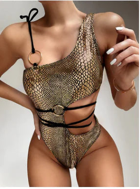 2025 Trending One-Shoulder Snake Print Bikini Set.