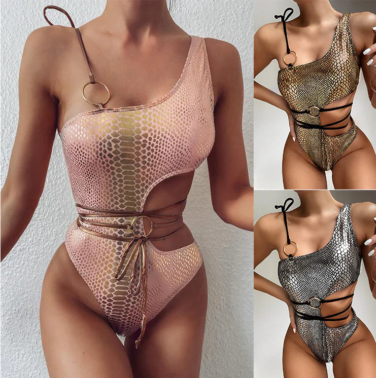 2025 Trending One-Shoulder Snake Print Bikini Set.