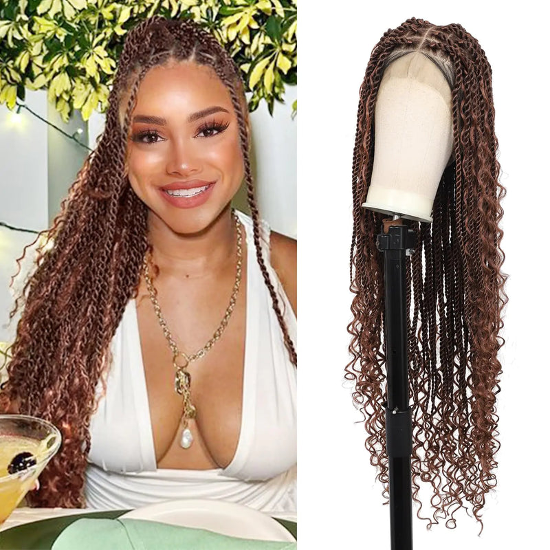 Olymei 360° HD Full Lace Boho Twist Braided Wigs for Women Knotless Braided Wigs with Baby Hair Human Hair Blended Braided Lace Front Wigs 36" Brown.