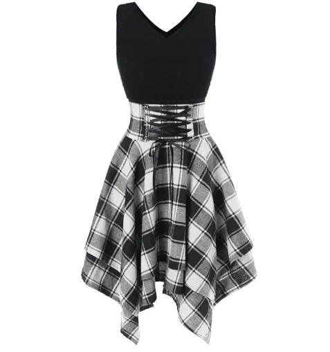 2025 Women's Fashion Plaid Strap Dress with Irregular Hem.
