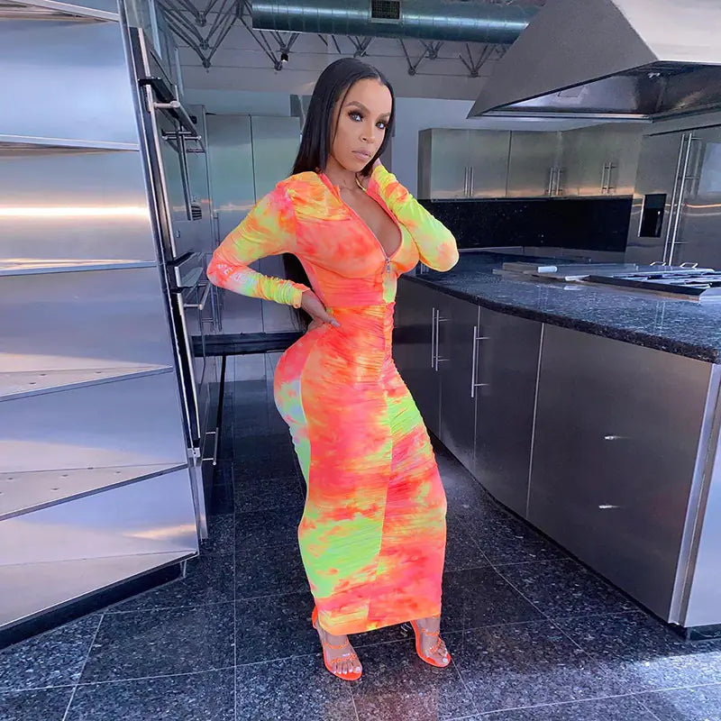 Autumn Digital Print Long Sleeve Bodycon Dress for Women.