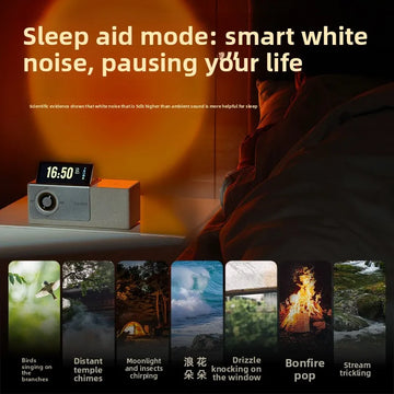Multi-Function Bluetooth Speaker with Flip Screen Lyrics Display Sunset Lamp&15W Wireless Charger Desktop Clock with White Noise