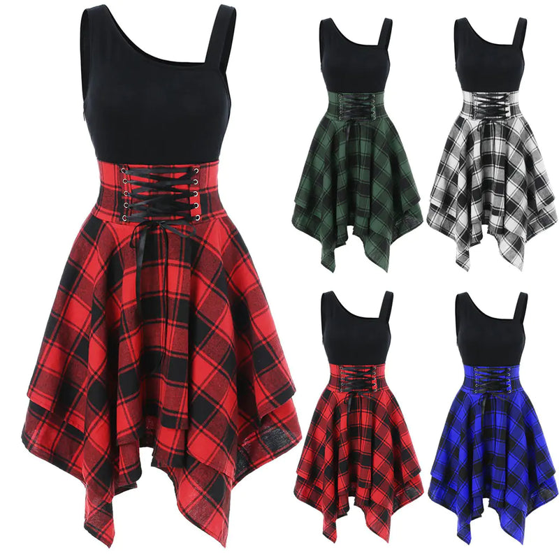 2025 Women's Fashion Plaid Strap Dress with Irregular Hem.