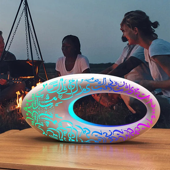 A future eye Bluetooth speaker, a retro-style speaker with a unique shape, featuring cool lighting and being portable.