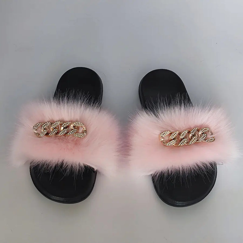 Plush Imitation Fox Fur Flip Flops Fashion Slippers.