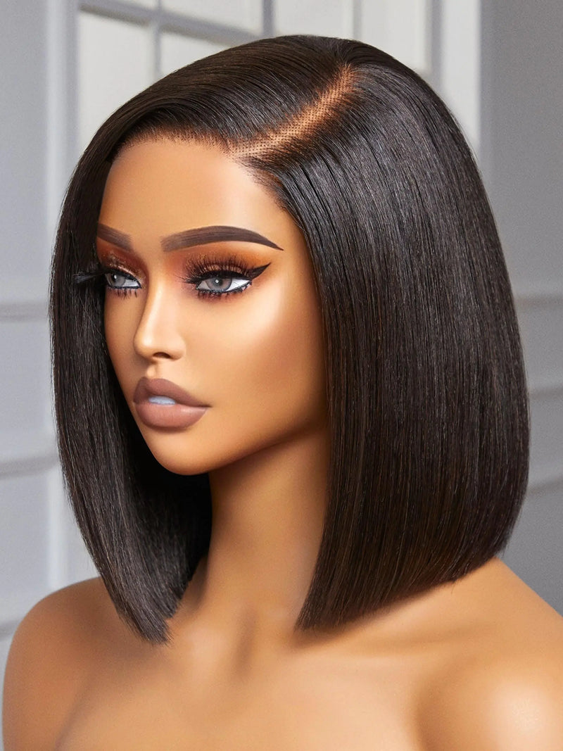 LUVME HAIR 10 Inch Light Yaki Straight Bob Wig Human Hair Undetectable HD Lace Glueless Bob Wigs Human Hair Pre Plucked Pre Cut Lace Wig Short Black Blunt Cut Bob Wigs.