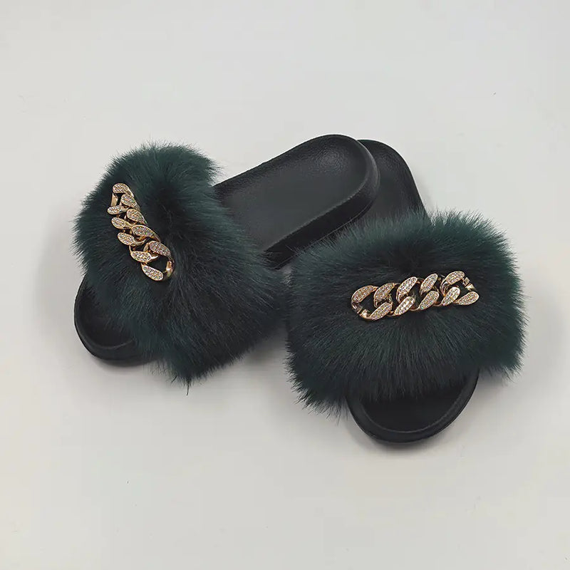 Plush Imitation Fox Fur Flip Flops Fashion Slippers.