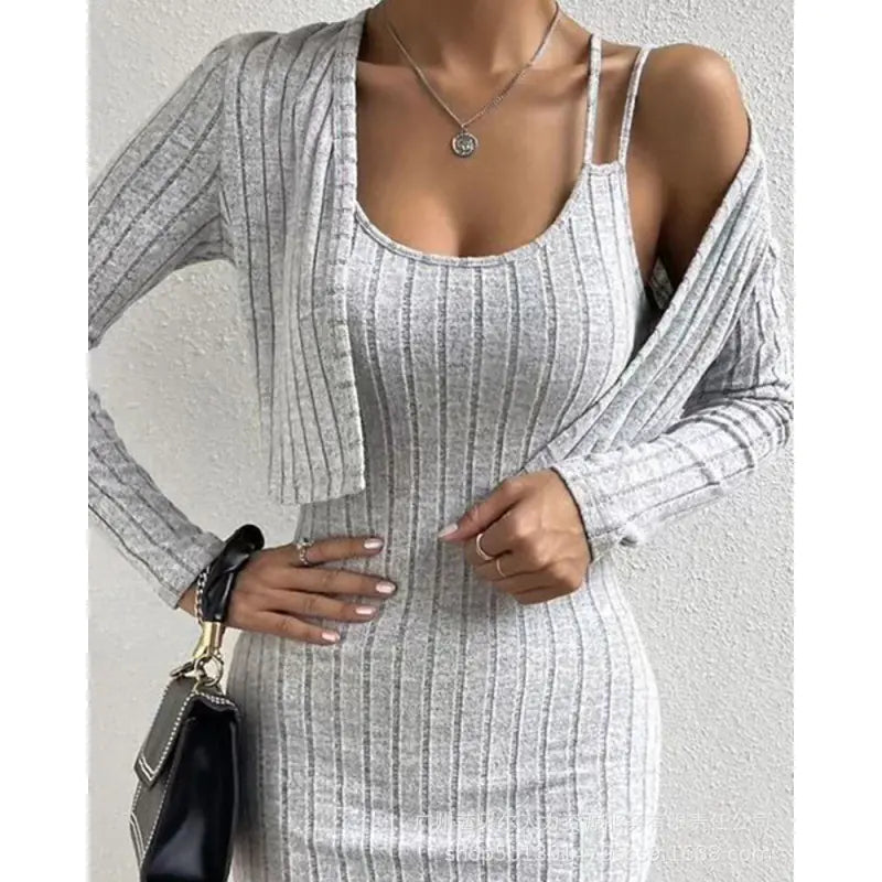 2025 Women's Long Sleeve Cardigan & Bodycon Dress Set