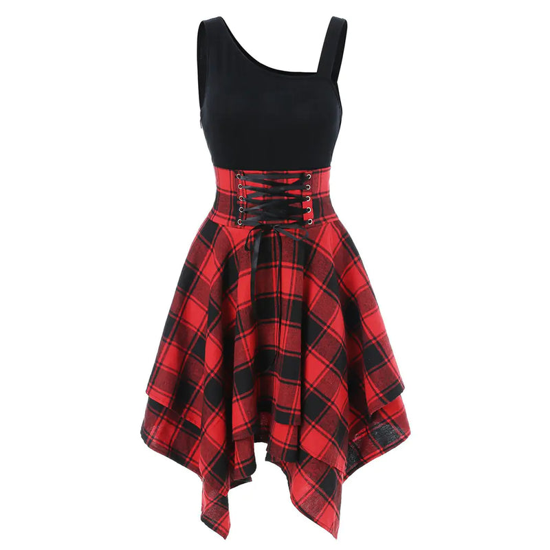 2025 Women's Fashion Plaid Strap Dress with Irregular Hem.