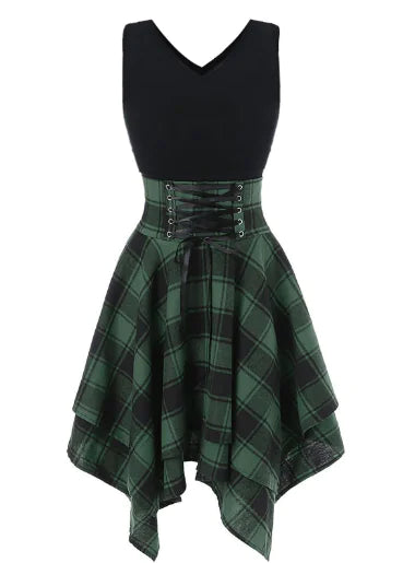 2025 Women's Fashion Plaid Strap Dress with Irregular Hem.