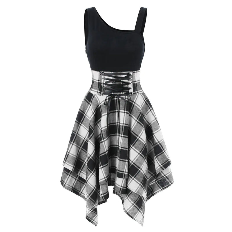 2025 Women's Fashion Plaid Strap Dress with Irregular Hem.